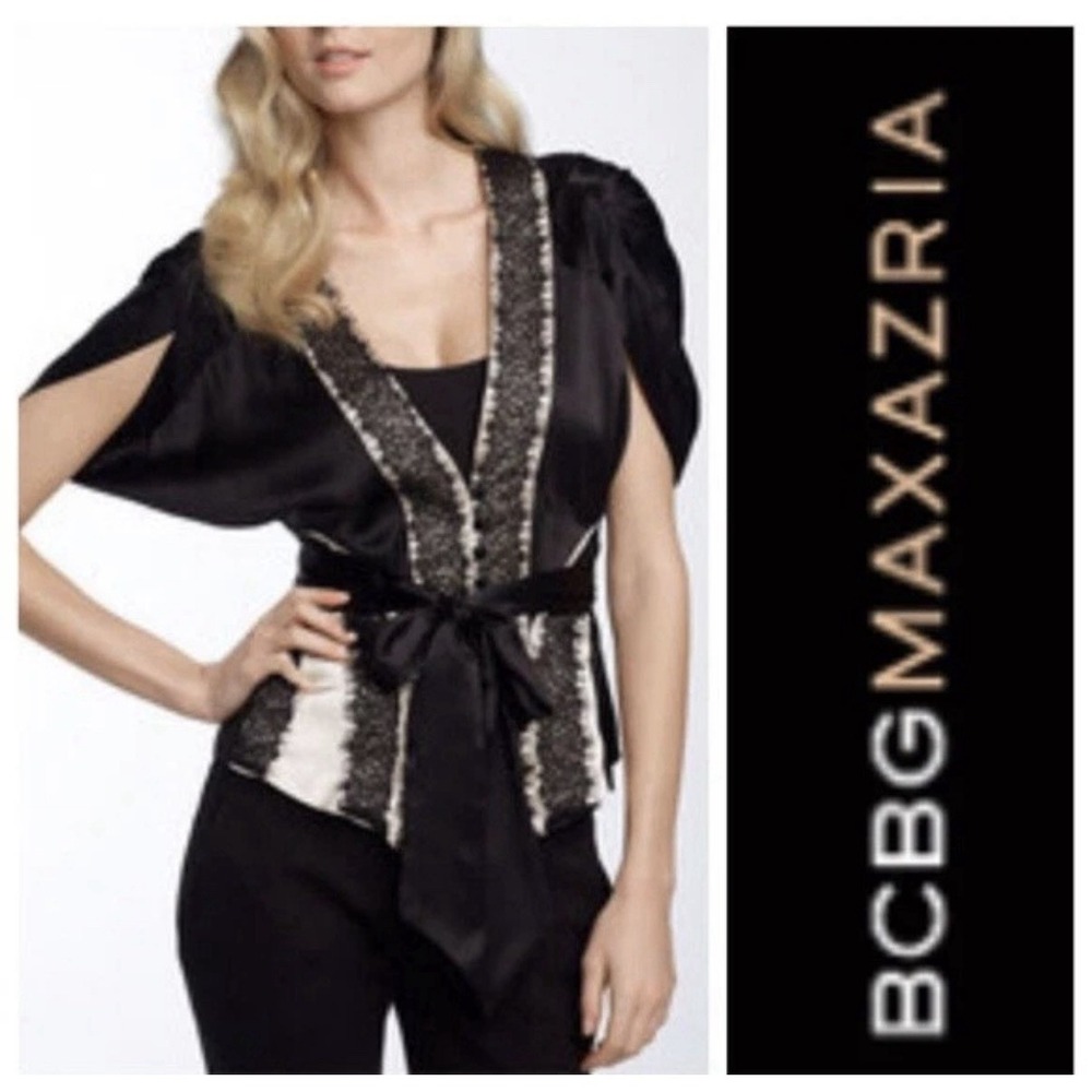 BCBGMaxAzria silk romantic lace front button top women's size small Black Beige